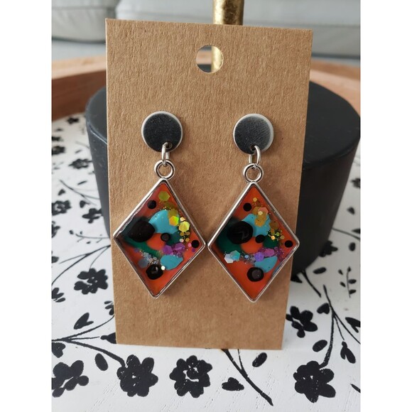 Diamond Shaped Abstract Colored Handmade Silver Earrings - Tones Verdes Jewelry - Picture 3 of 4